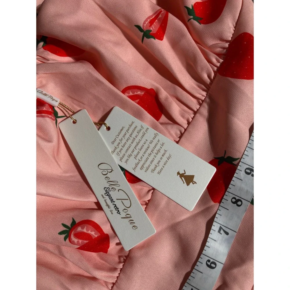 Bella Poque Pink Strawberry Print Fit and‎ Flare Dress Sleeveless - Picture 9 of 12